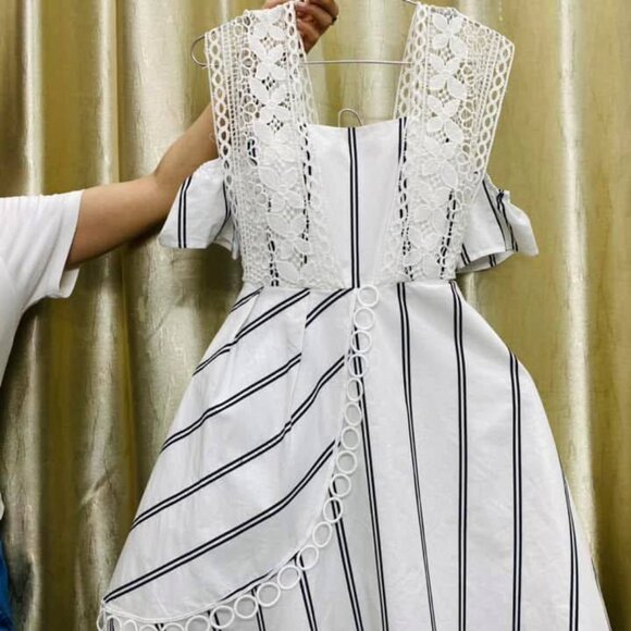 Dresses & Skirts - Vintage-Inspired White Striped Dress with Crochet Lace Straps & Asymmetrical Hem